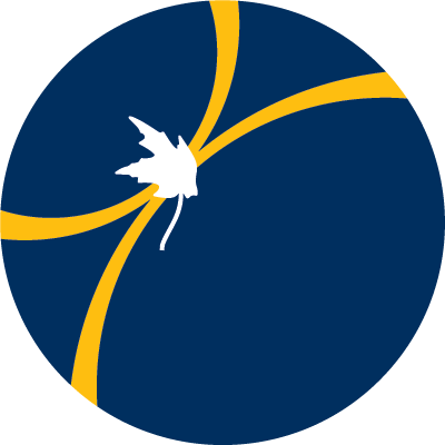 MI logo. A dark blue circle containing crossed gold lines in the top left sector with a white maple leaf at their cross section.