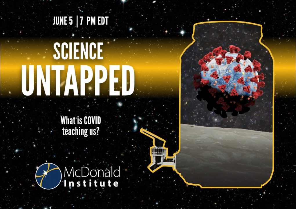 Science Untapped Poster. Main image is a carafe with a Earth covered in covid.