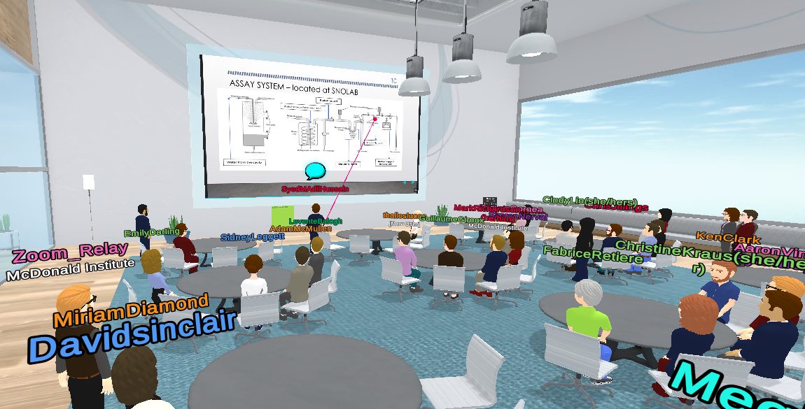 A digital meeting room includes tables and chairs and a presentation screen. Many digital characters sit at the tables and watch the presentation