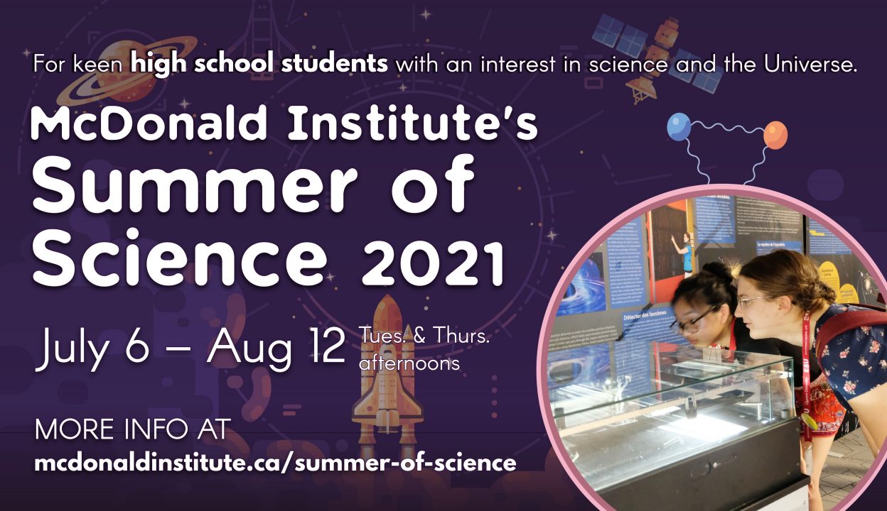 Summer of Science Poster image with dates July 6-Aug 12, and picture of two girls looking at a particle detector.