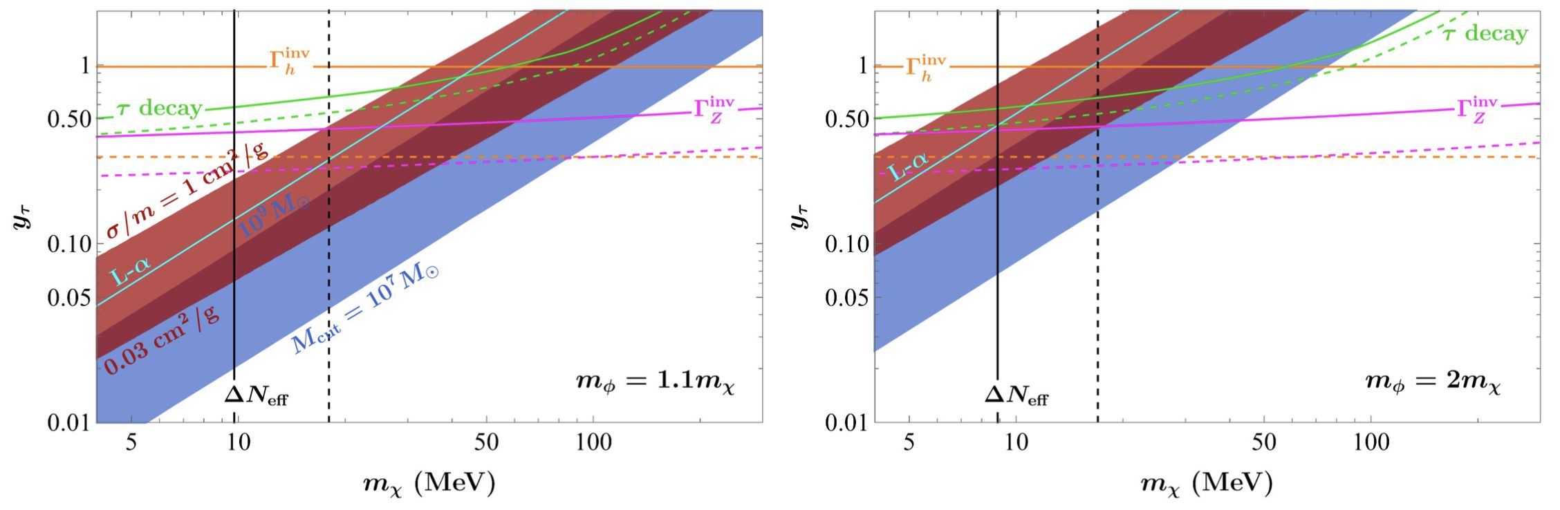 Two panels show two scenarios for the cross section from DM self-interaction via neutrinos. The dependent variable is the Yukawa coupling for the tau neutrino, and the independent variable is the mass of the DM candidate. The left panel is for the mass of the scalar field being 1.1 times the mass of the dark matter candidate, and shows a diagonal red band and blue band overlapping and creating a band of dark red representing a unified solution for small scale structure puzzles. The solid lines indicate current bounds, and imply a possible parameter space for DM candidate mass in the left plot is between about 10 and 50 MeV. The dashed lines indicating projected bounds frame a small portion of the dark red band in the centre of the left plot, implying that the projected possible parameter space for DM candidate mass in this model is between 20 and 40 MeV. The right panel shows the same elements for the scenario of the mass of the scalar field being 2 times the mass of the DM candidate. In this scenario, there is no dark red band, or unified solution, within the projected bounds, but within the current bounds the possible mass for the DM candidate is about 9 to 20 MeV.