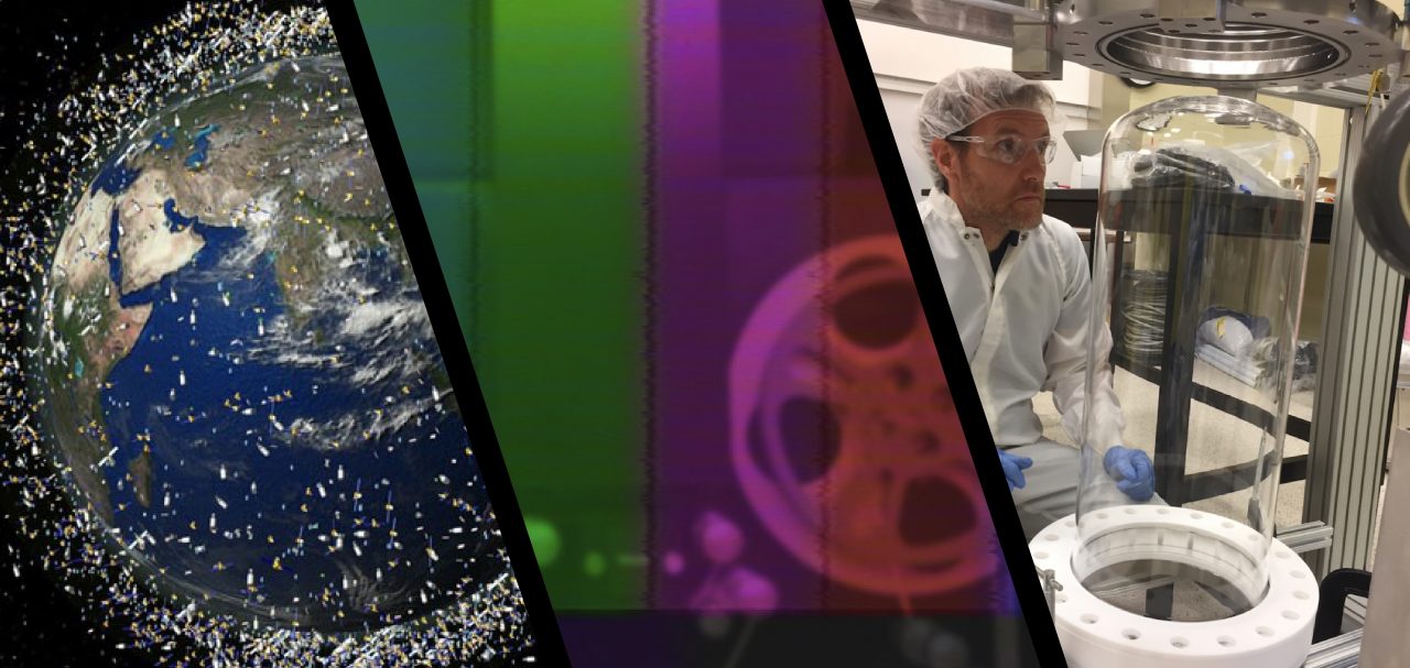 A collage of 3 images separated by diagonal black lines. From left to right, the earth surrounded by artificial satellites, a rainbow overlay on top of a film reel, and a researcher wearing extensive personal protective equipment while observing a glass chamber.