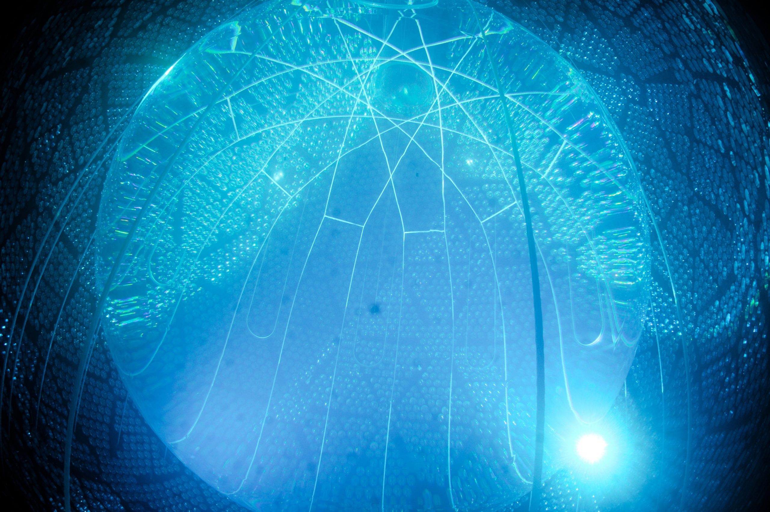 A bright, transparent circle surrounded by blue light and a very bright light from the spotlight in the bottom right corner. The background seen through the transparent circle appears textured from the PMTs and rope suspension system.