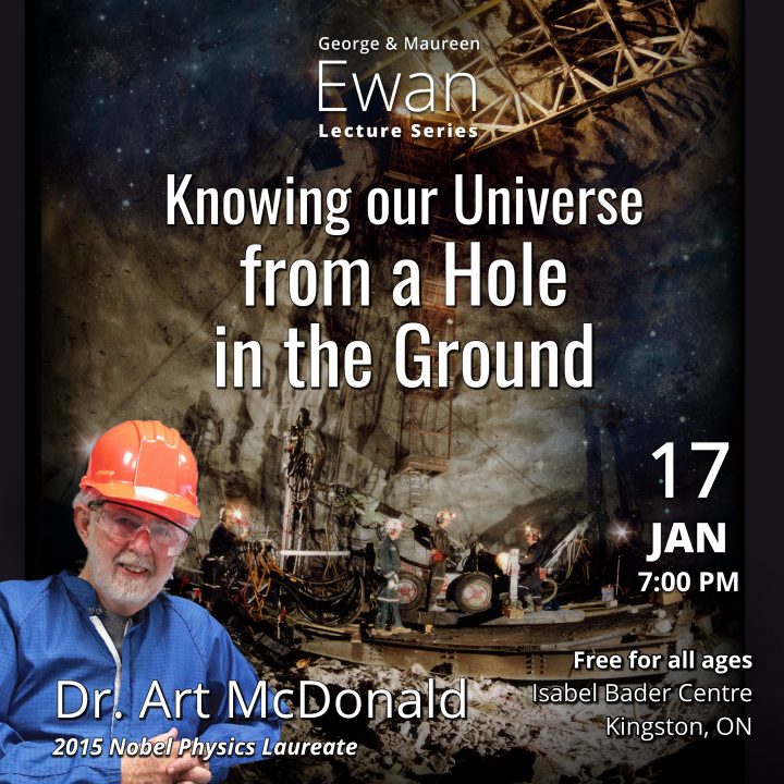 Event poster of Art McDonald in front of a picture of the excavation of the SNO cavity 2km underground. Highlights the event date of Jan 17th, at the Isabel Bader Centre