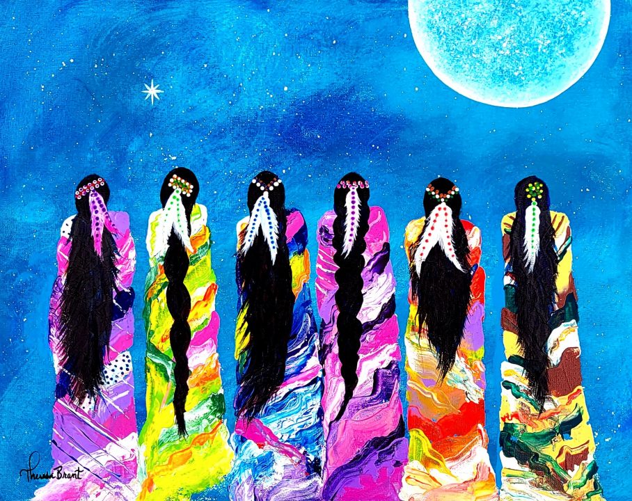 An art piece by Theresa Brant shows six people with long black hair and colorful garments and headpieces staring up the night sky, which is dotted with stars and the moon