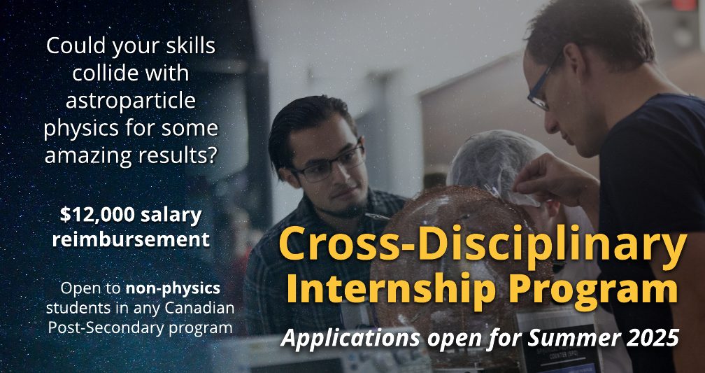 Poster for the CDI (cross-disciplinary internship) program with an image of two scientists looking at a spherical device.