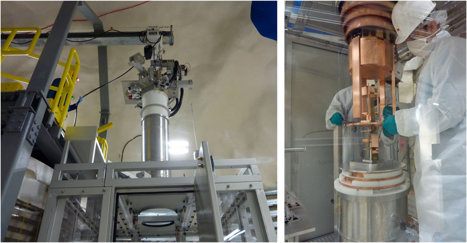 Twi images, on the left is a photo of The Dilution refrigerator being moved into the cleanroom by the monorail crane. The plastic disk in the ceiling of the cleanroom has been removed and the sliding panels are open, ready for the cryostat to be lowered. On the right is a photo of two people lowering the SuperCDMS tower to the refrigerator is resting on a cover plate atop the nested cans.