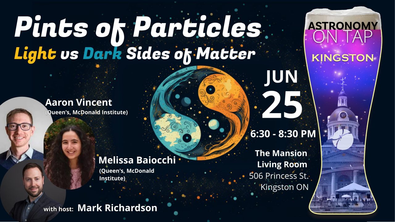 Pints of Particles poster: Light vs Dark Sides of Matter. Jun 25, 6:30-8:30pm at the Mansion, featuring Aaron Vincent, Melissa Baiocchi, and hosted by Maark Richardson