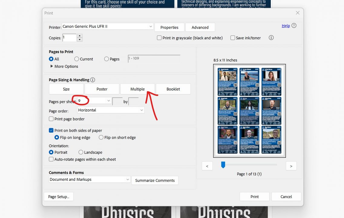 A screenshot of the print dialogue box with an arrow pointing to the Multiple option and a circle around the 9 for pages to print.