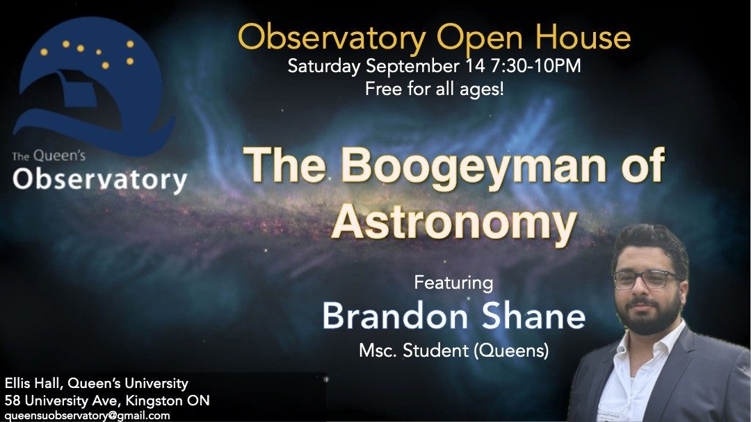 Observatory Open House poster, Saturday, Sept 14 at 7:30 pm. The Boogeyman in Astronomy, featuring Brandon Shane.