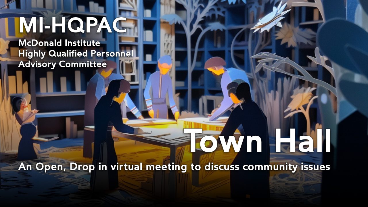 Graphic of paper cut out figures around a table talking and working on something together. Overlayed text : Town Hall, an open, drop-in virtual meeting to discuss community issues.