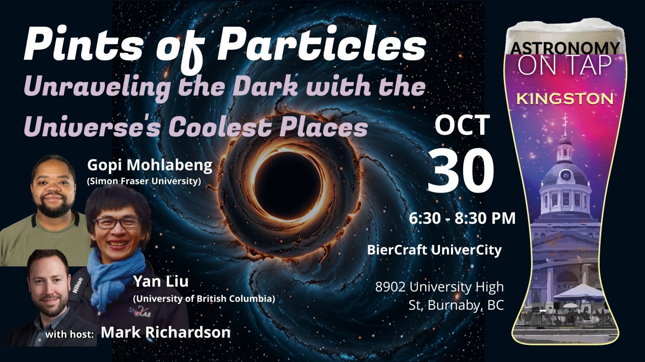 Poster for Pints of Particles event: Unveiling the Dark with the Universe's Coolest Places, Oct 30, 630-8:30. 