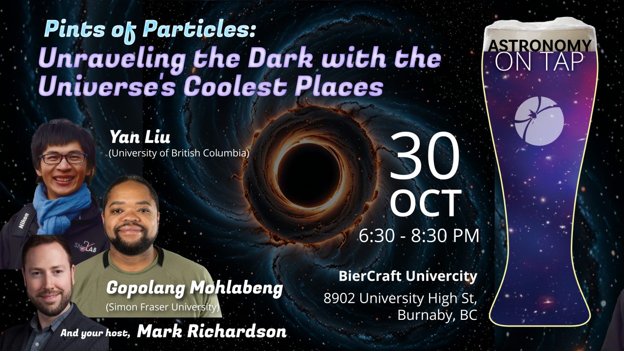 Poster for Pints of Particles event: Unveiling the Dark with the Universe's Coolest Places, Oct 30, 630-8:30.