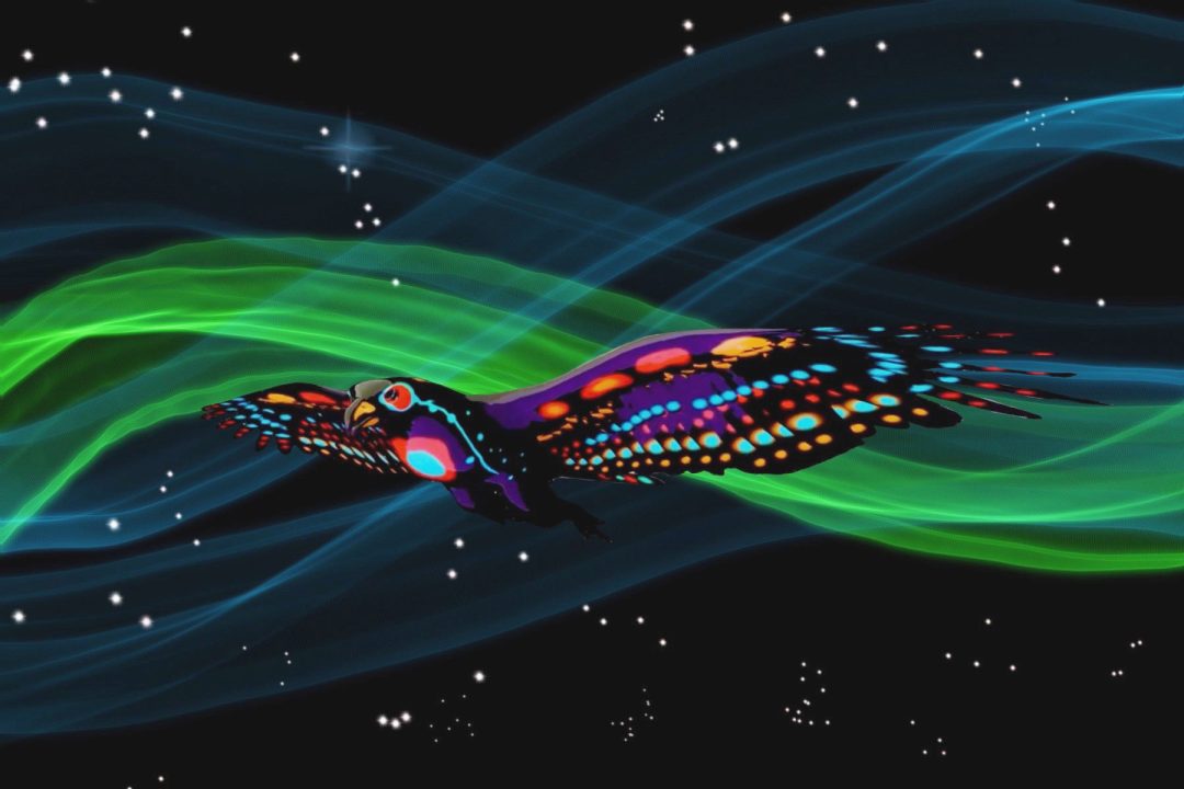 A stylized and 3d rendering of an eagle with a black body and bright colourful spots on the wings in flight with shapes reminiscent of the northern lights in the background.