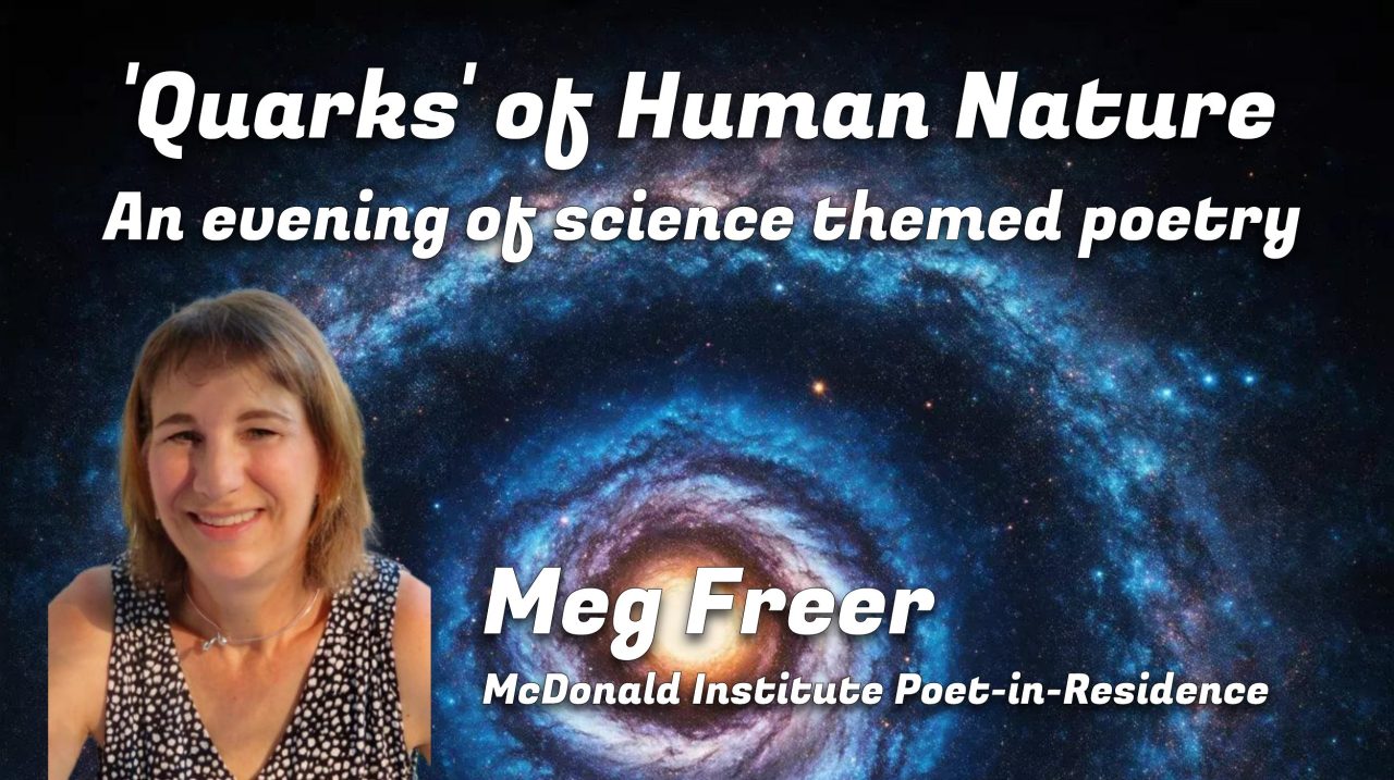 a poster for a science themed poetry event with an image of poet Meg Freer