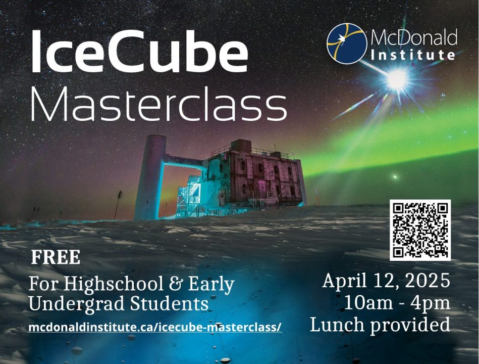 IceCube Masterclass poster featuring the IceCube surface facility on the Antarctic ice, with aurora in the night sky above. Overlaid is 