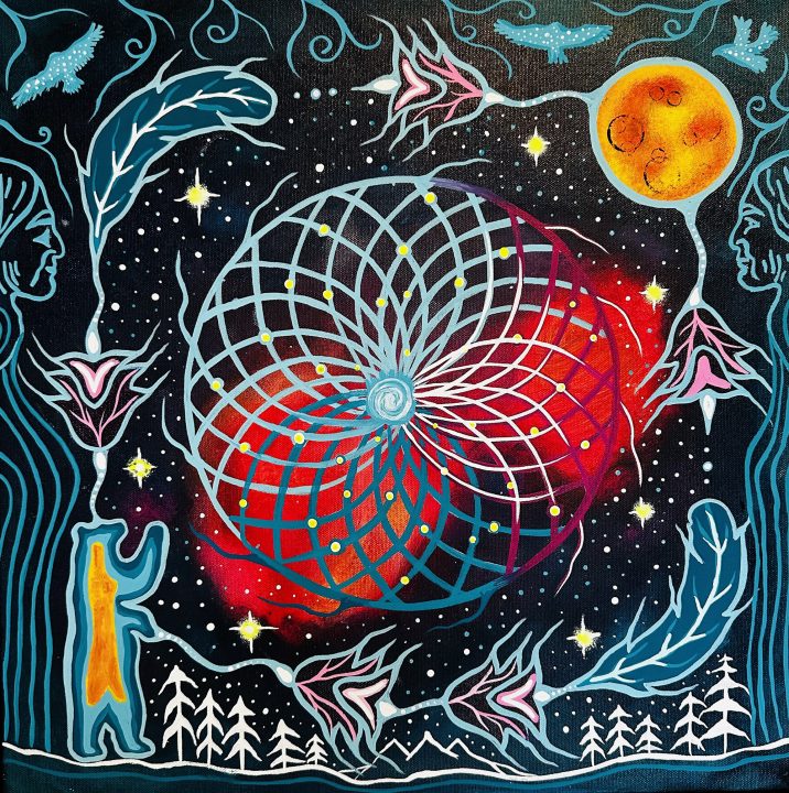 A painting featuring a dreamcatcher, a bear, feathers, and a moon by artists Dakota Ward and Jaylene Cardinal
