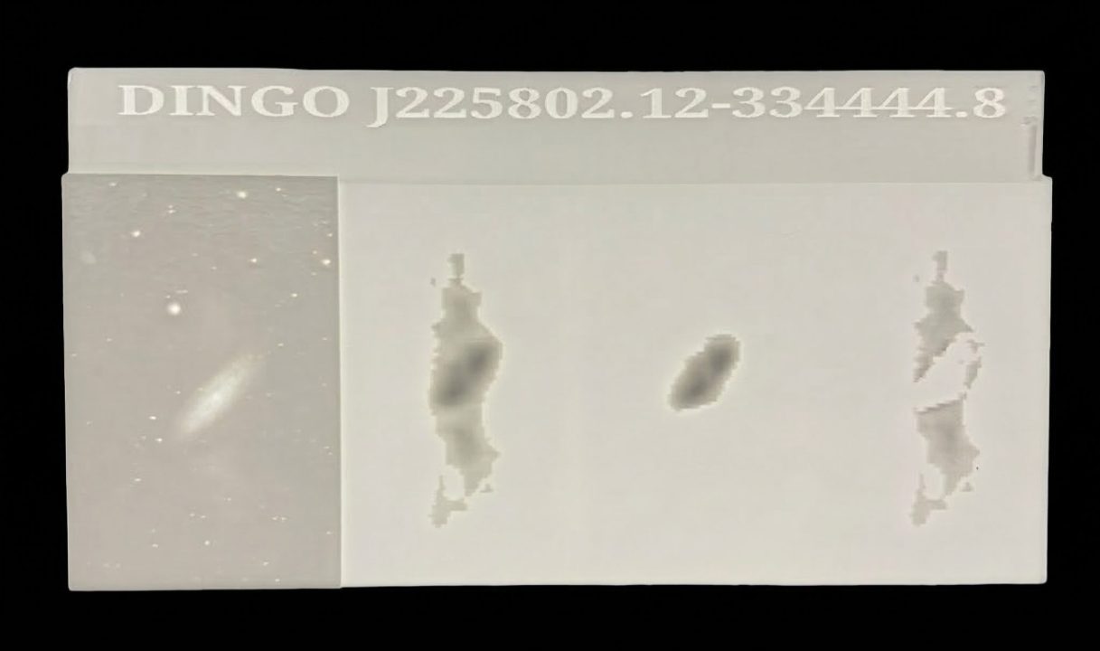 3D printed tactile galaxy lithophane of DINGO J225802.12-334444.8, backlit showing visual features
