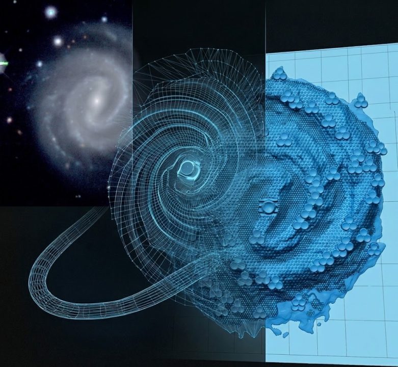 Artistic image of a Galaxy transformed into a mesh and textured 3D model.