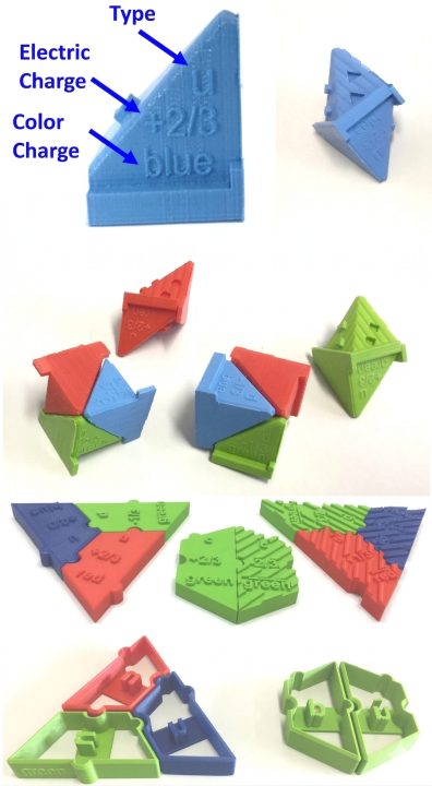 CERN quark puzzle showing colorful 3D printed pieces labeled with quark properties.