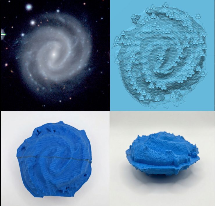 Optical galaxy image paired with a textured 3D galaxy model.