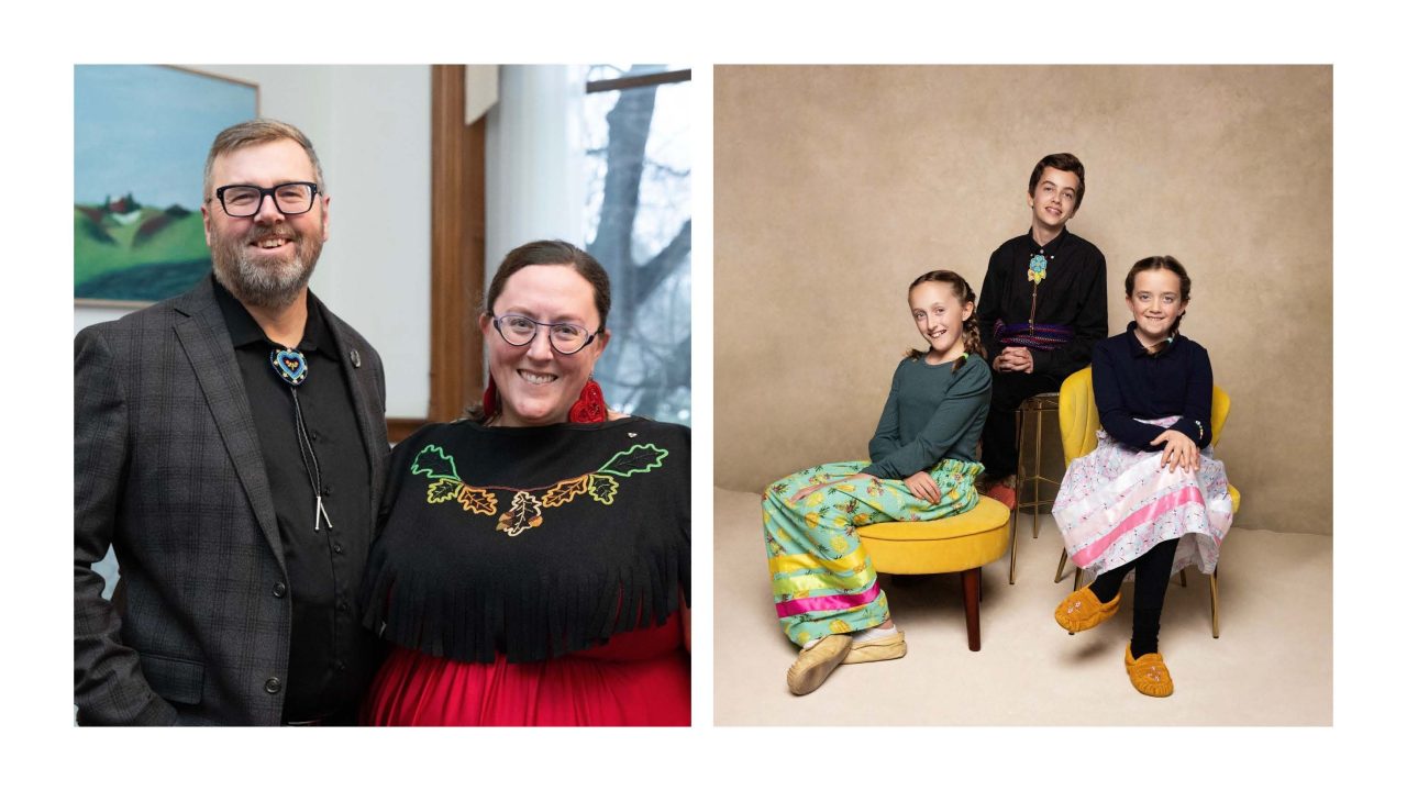 Dr. Gregg Wade, Dr. Danielle Lussier, Rosie Lussier, Hugo Lussier, and Opale Lussier, a Métis scholar beadwork family.