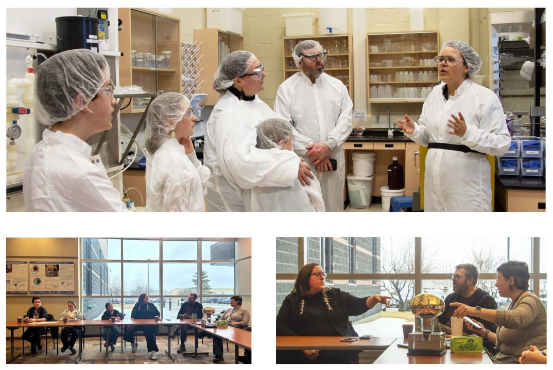 Left image: The Beading Team participating in a surface lab tour by Sharayah Read, Chemical Technologist. Right photo: Dr. Lussier points to a detector bulb, in conversation with Dr. Wade and Dr. Caden at SNOLAB. Photo credit: Glede Zhang.