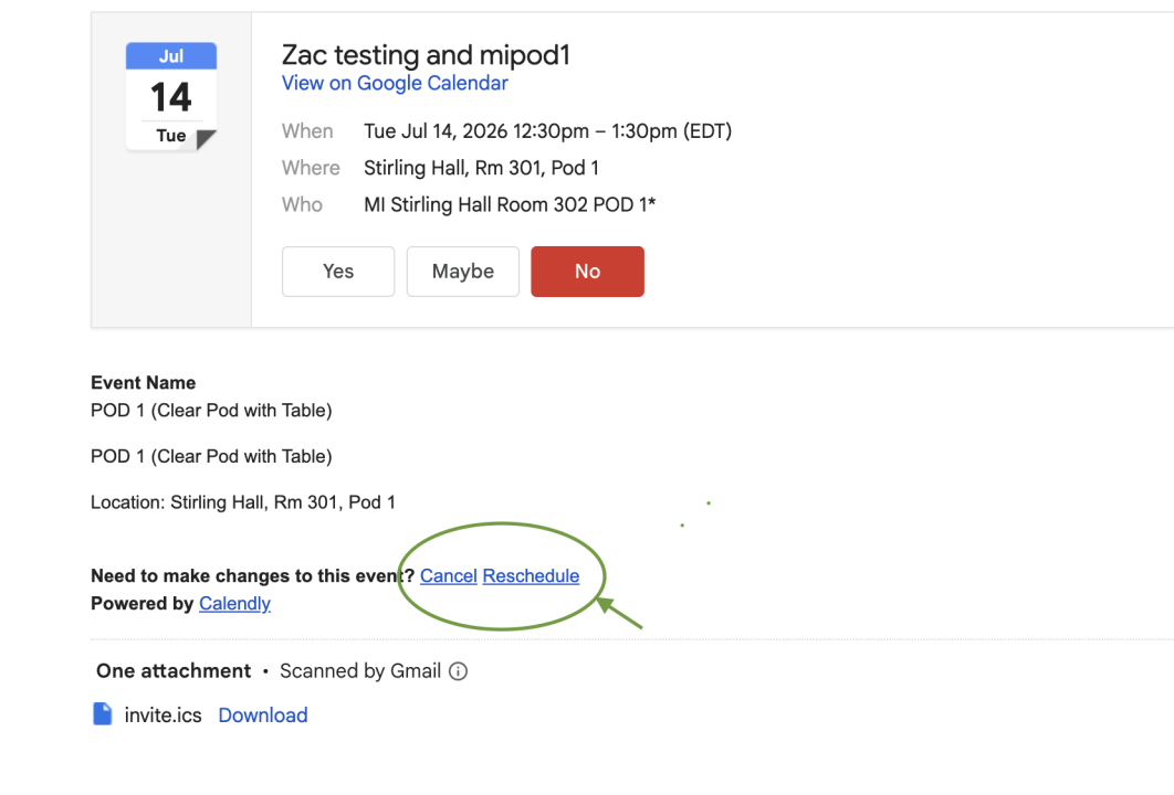 a screenshot of a meeting confirmation email with a green circle around the Calendly Cancel and Reschedule links