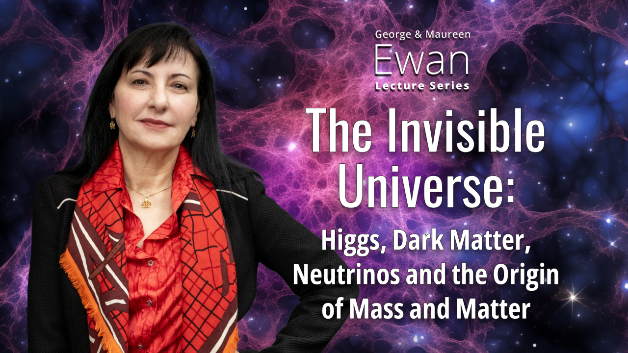 Marcella wearing a red scarf on a background image of a galactic cluster with the title of her Ewan Lecture talk.