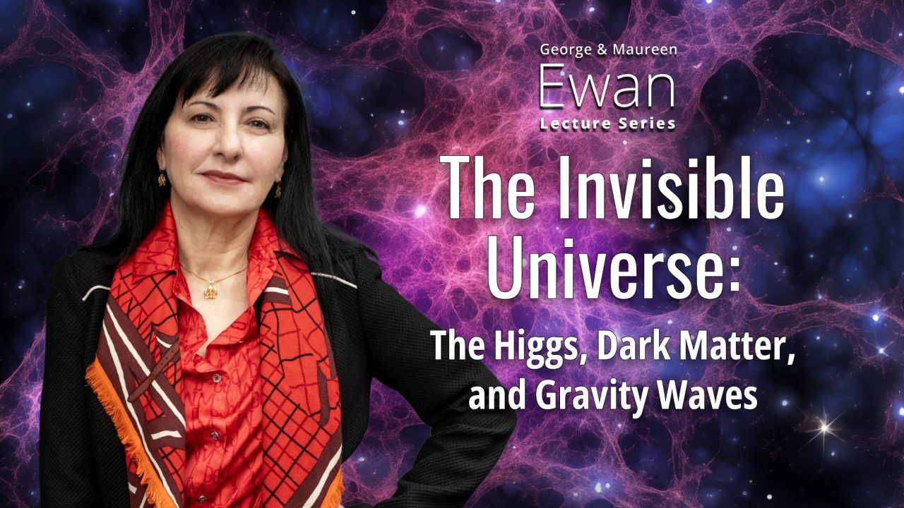 Marcella wearing a red scarf on a background image of a galactic cluster with the title of her Ewan Lecture talk.